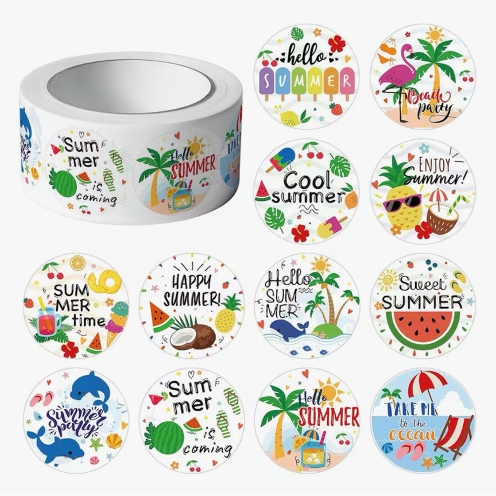 500 Summer Sticker Roll 12 Designs Colorful Tropical Summertime Vacation